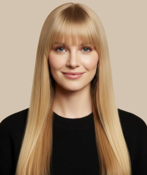 Coiffure blonde mi-dos avec frange droite