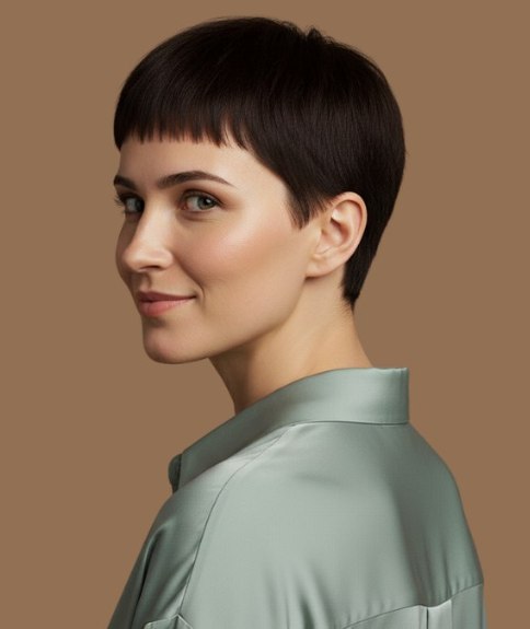 Coupe tr&egrave;s courte avec frange, nuque et c&ocirc;t&eacute;s courts