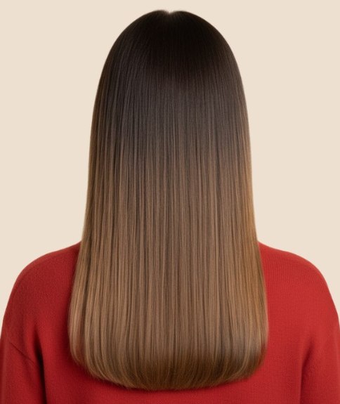 Cheveux longs et raides avec balayage du brun au blond dor&eacute; &ndash; Vue de dos