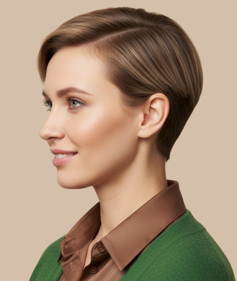 Cheveux courts f&eacute;minins &agrave; la silhouette qui allonge la nuque &ndash; Vue de profil