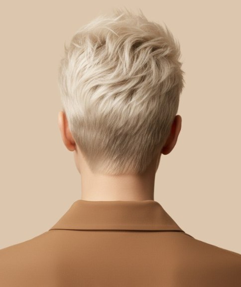 Cheveux courts blond platine h&eacute;riss&eacute;s &ndash; Vue de dos