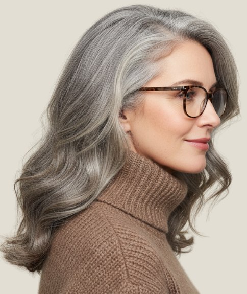 Coiffure longue et ondul&eacute;e pour cheveux gris &ndash; Vue de profil