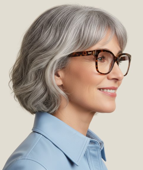 Carr&eacute; ondul&eacute; pour cheveux gris &ndash; Vue de profil