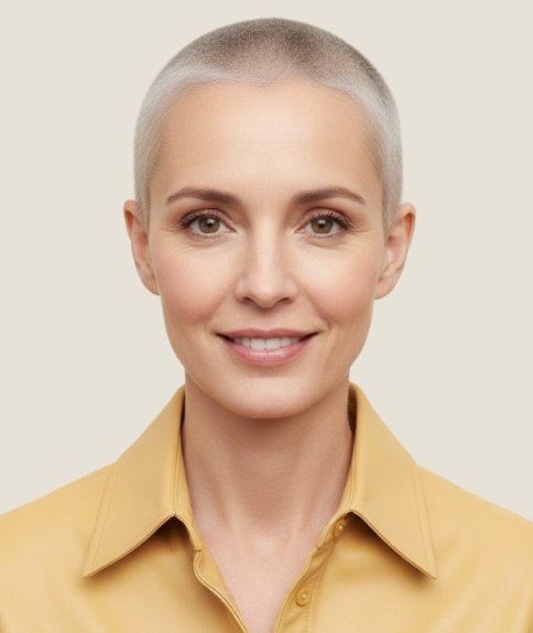 Coupe &agrave; la tondeuse presque uniforme sur toute la t&ecirc;te pour femme