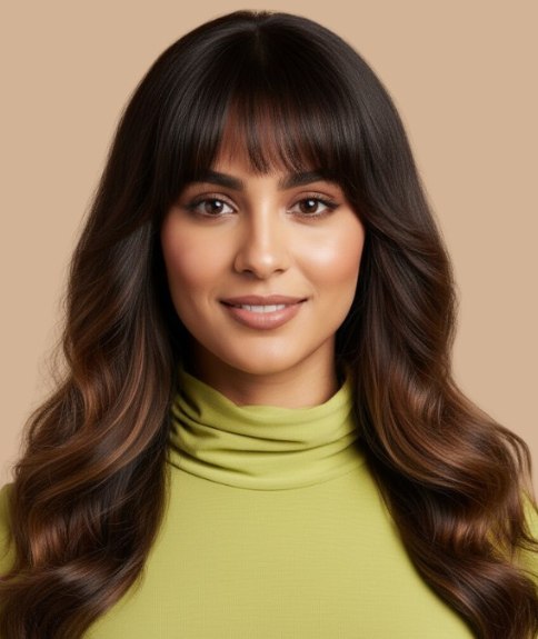 Coiffure longue d&eacute;grad&eacute;e avec frange douce